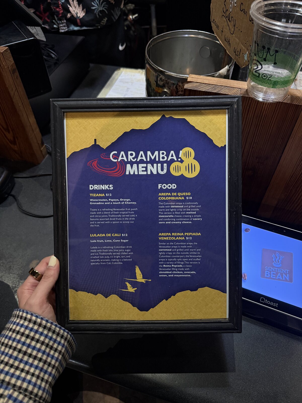 Framed menu at the bar